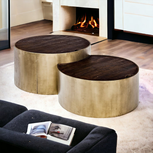 Brass and Wood Round Nesting Coffee Tables