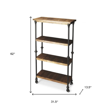 62" Wood Brown Iron Three Tier Standard Bookcase