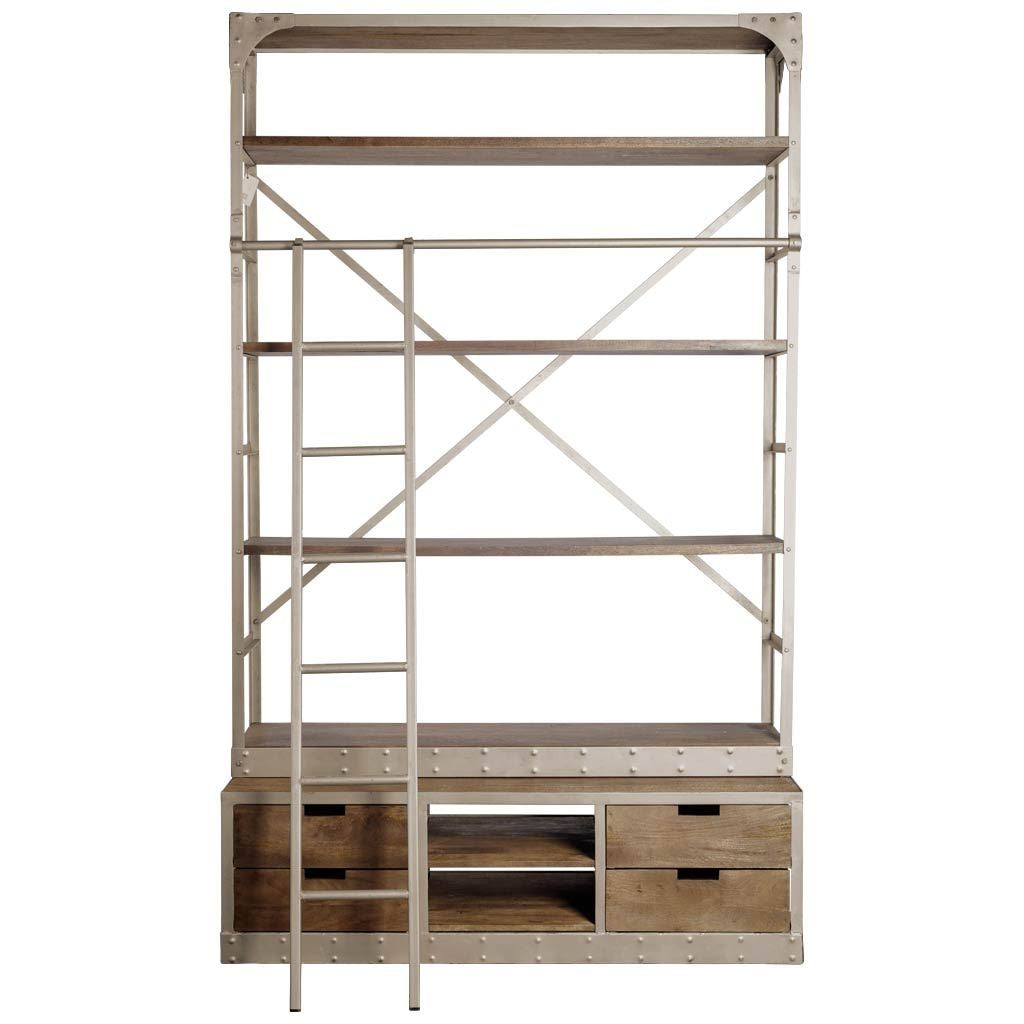 94-inch Nickel and Distressed Wood 6-Tier Bookcase with 4 Drawers