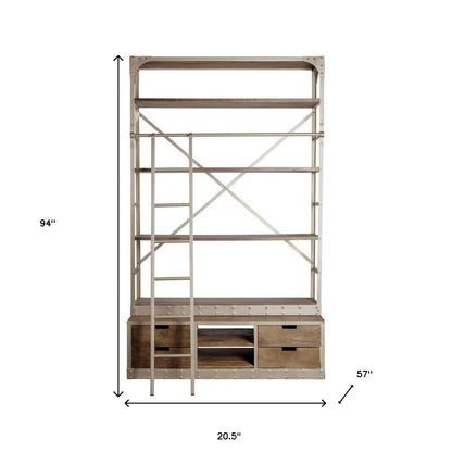 94-inch Nickel and Distressed Wood 6-Tier Bookcase with 4 Drawers