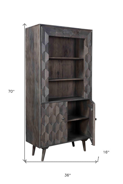 70-inch Gray Wood 3-Tier Bookcase with 2 Doors