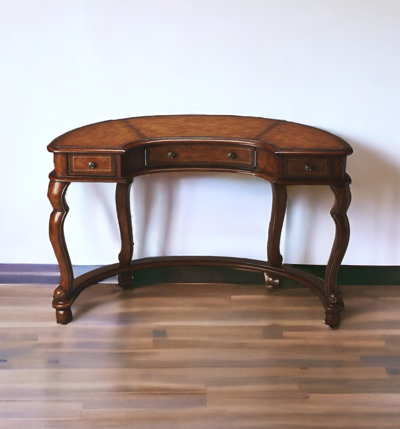 Classic Crescent-Shaped Leather-Top Wood Desk