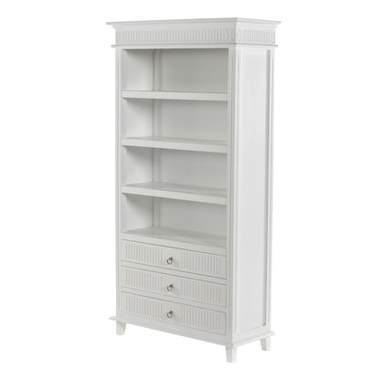 75 inch Antiqued White Solid Wood Four Tier Bookcase with Three Drawers