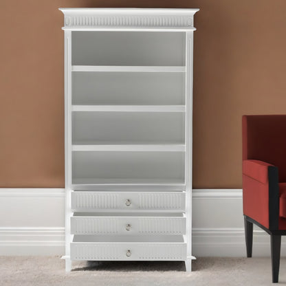 75 inch Antiqued White Solid Wood Four Tier Bookcase with Three Drawers