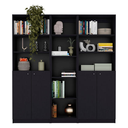 71 inch Black Wood 5-Tier Bookcase with 4 Doors