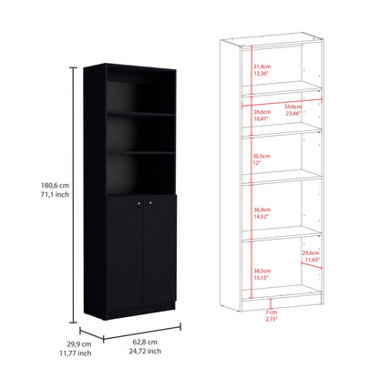 71 inch Black Wood 5-Tier Bookcase with 4 Doors