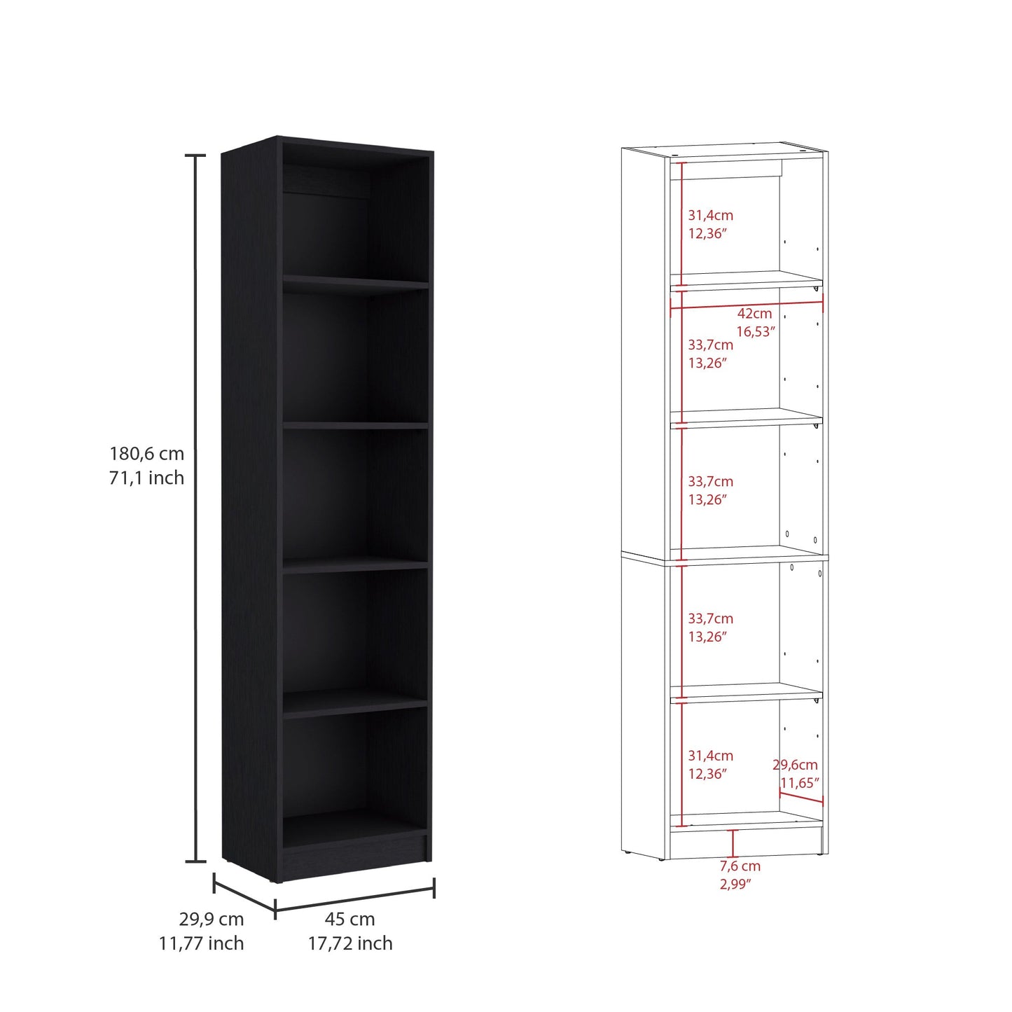 71 inch Black Wood 5-Tier Bookcase with 4 Doors