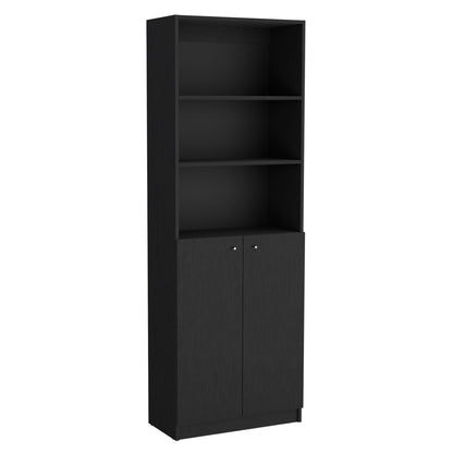 71 inch Black Wood 5-Tier Bookcase with 4 Doors