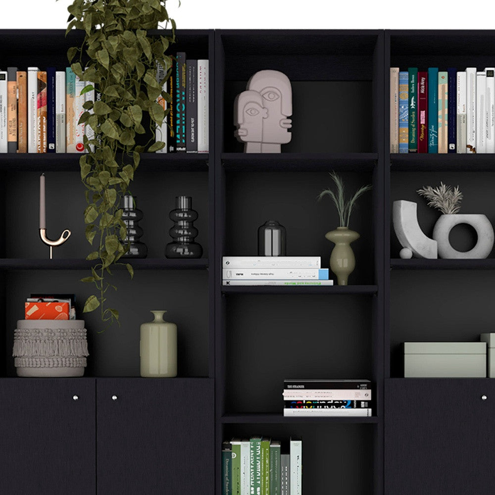 71 inch Black Wood 5-Tier Bookcase with 4 Doors