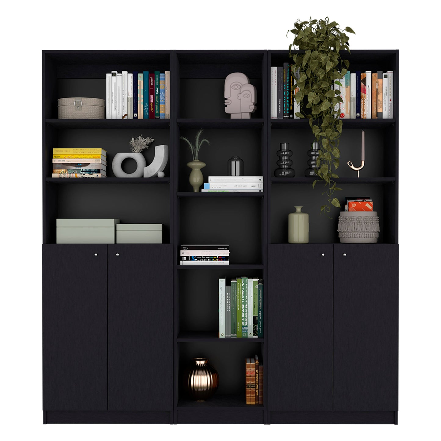 71 inch Black Wood 5-Tier Bookcase with 4 Doors