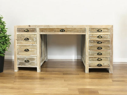 Distressed Pine Credenza Desk With 12 Drawers