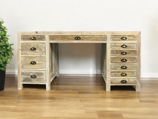 Distressed Pine Credenza Desk With 12 Drawers