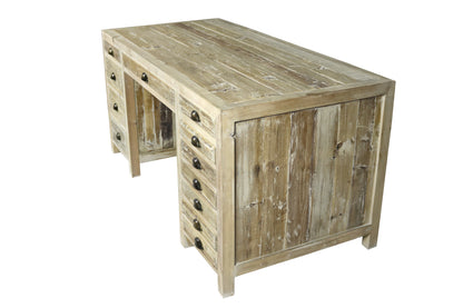 Distressed Pine Credenza Desk With 12 Drawers