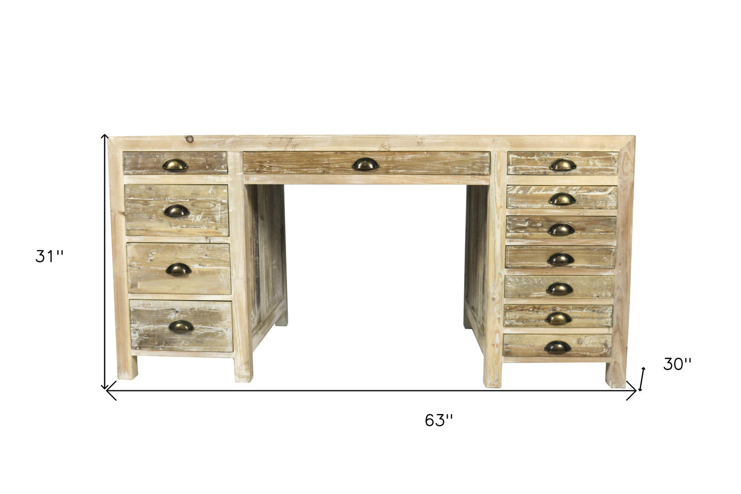 Distressed Pine Credenza Desk With 12 Drawers