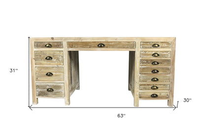 Distressed Pine Credenza Desk With 12 Drawers