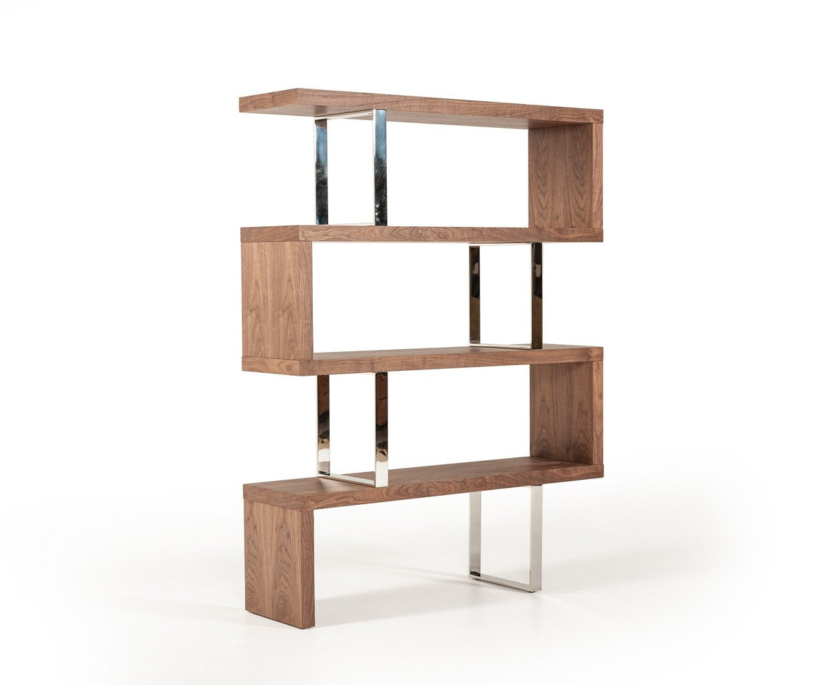 Walnut and Chrome  4-Tier Zig-Zag Bookcase