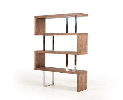 Walnut and Chrome  4-Tier Zig-Zag Bookcase