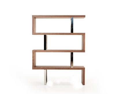 Walnut and Chrome  4-Tier Zig-Zag Bookcase