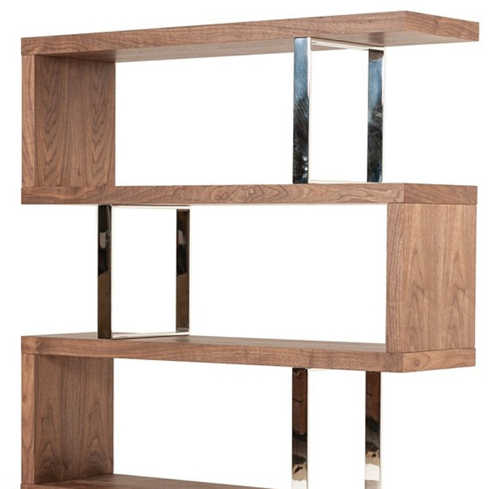 Walnut and Chrome  4-Tier Zig-Zag Bookcase