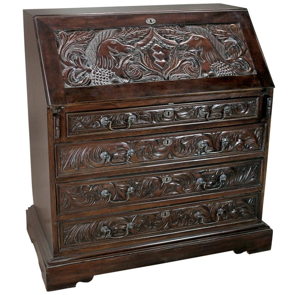 Carved Unicorn Drop-Front Writing Desk