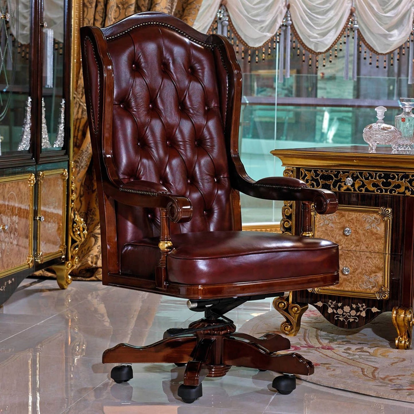 Executive Leather Mahogany Desk Chair (Burgundy)