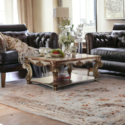 58 inch Gold Wood Coffee Table With Shelf