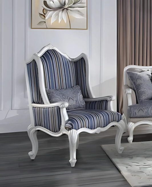 31 inch Blue White And Brown Striped Wingback Chair