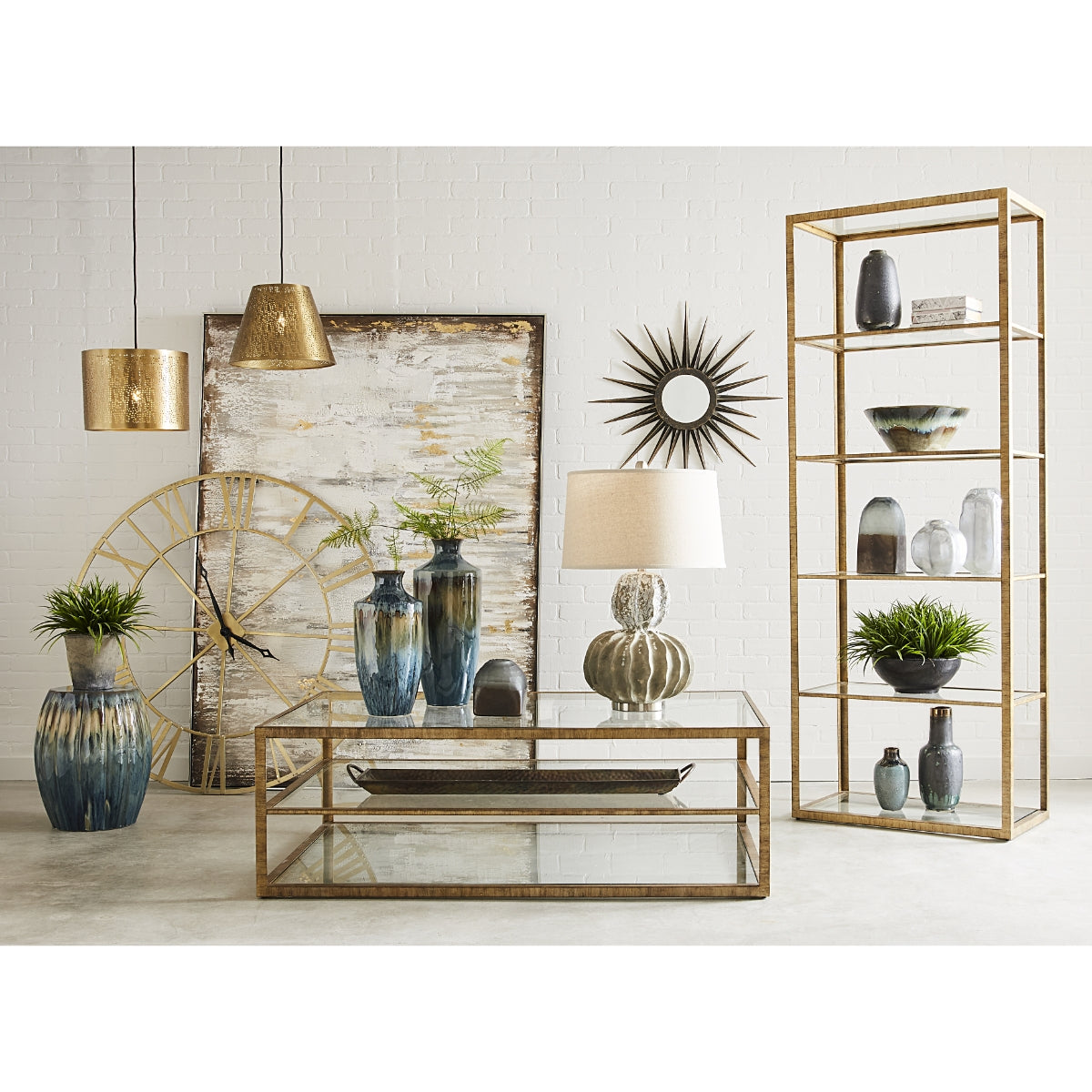 Strie Gold Metal and Glass 5-Shelf Bookcase